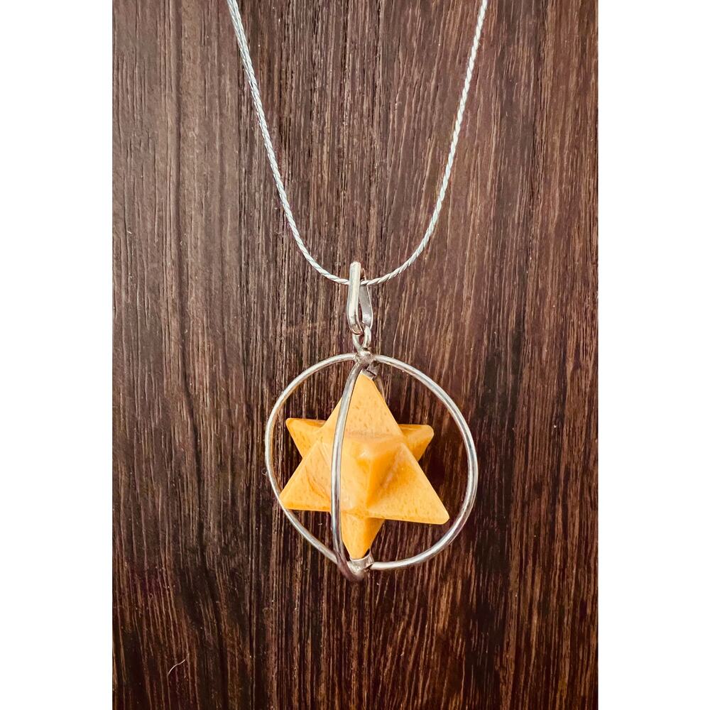 Vintage Sterling Silver Yellow Jasper Merkabah Necklace Stone Pendant Boho